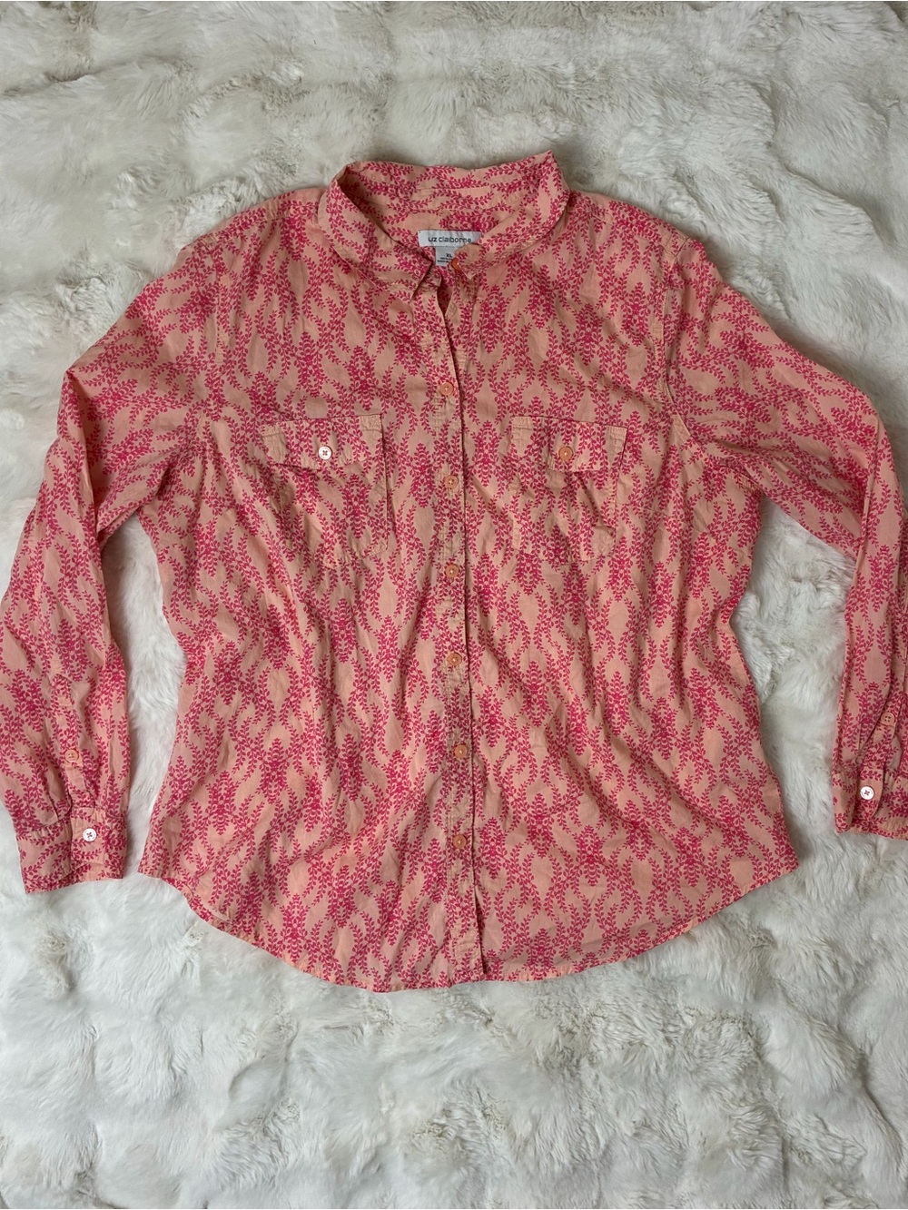 Liz Claiborne XL Button Down Blouse Pink Coral Print Long Sleeve Top
